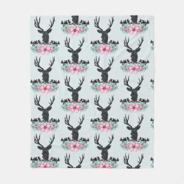 Hjort Head w/ Rosa Flowers & Mountain Mönster Fleecefilt