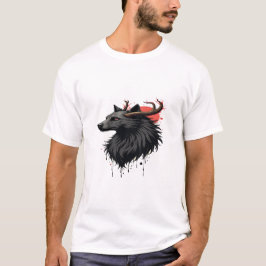 "Hjort Head with Måne Behind - Artistic Graphic Te T Shirt