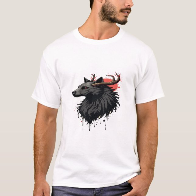 "Hjort Head with Måne Behind - Artistic Graphic Te T Shirt (Framsida)