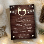 Hjort Heart String Ljus Rustic Wood Bröllop Inbjudningar<br><div class="desc">Akta dina gäster med den här roliga bröllopsinbjudan med ett sött hjort och vackert ströljus lökar med modern typografi mot en lada-träbakgrund. Lägg bara till din händelseinformation i den här mallen som är enkel att använda för att göra den till en inbjudan av typen en.</div>