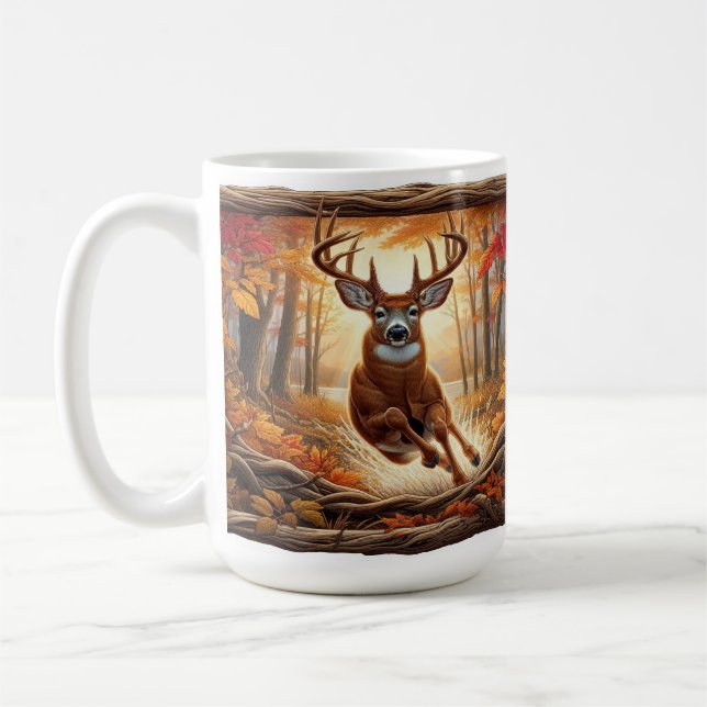 Hjort hoppar genom levande höstskog kaffemugg (Vänster)