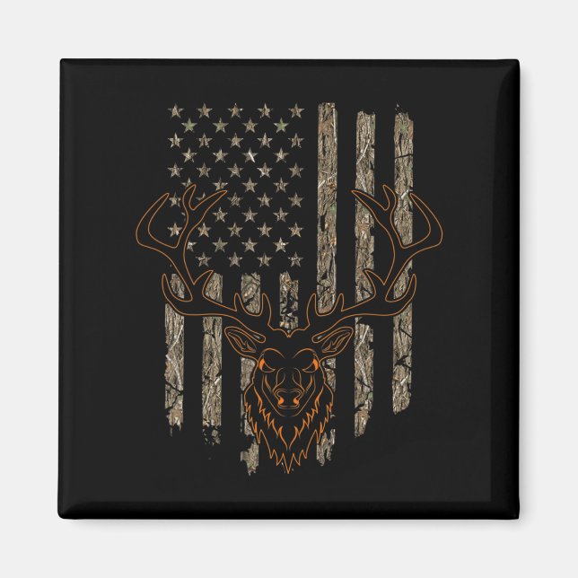 Hjort Hunter American Flagga Träd Camouflage Hjort Magnet (Framsidan)