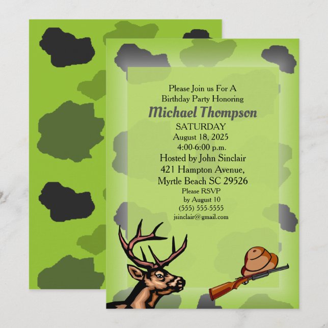 Hjort Hunter Camouflage Birthday-inbjudan Inbjudningar (Fram/baksida)