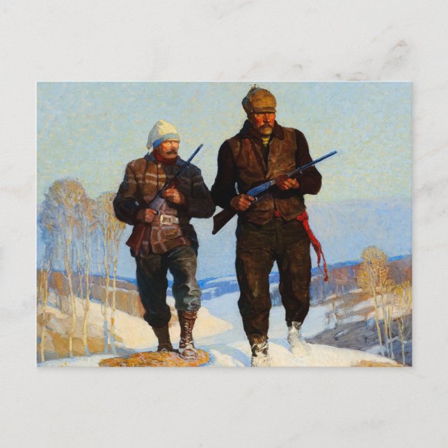 Hjort Hunters, 1924 av Newell Convers Wyeth Vykort (Framsida)