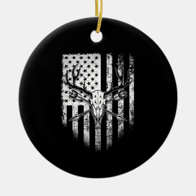 Hjort Hunters Hjort Skull på amerikansk Flagga Julgransprydnad Keramik (Framsidan)