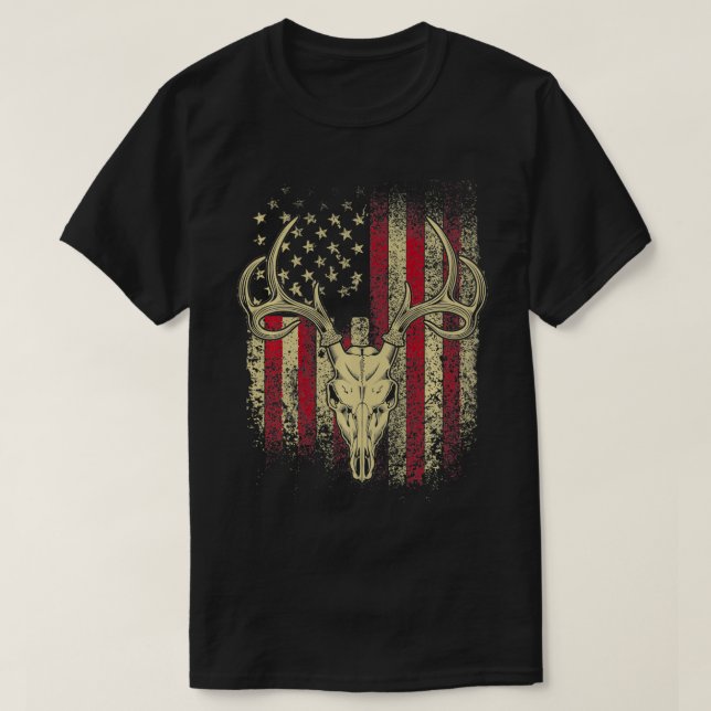 Hjort Hunters Hjort Skull på amerikansk Flagga T Shirt (Design framsida)