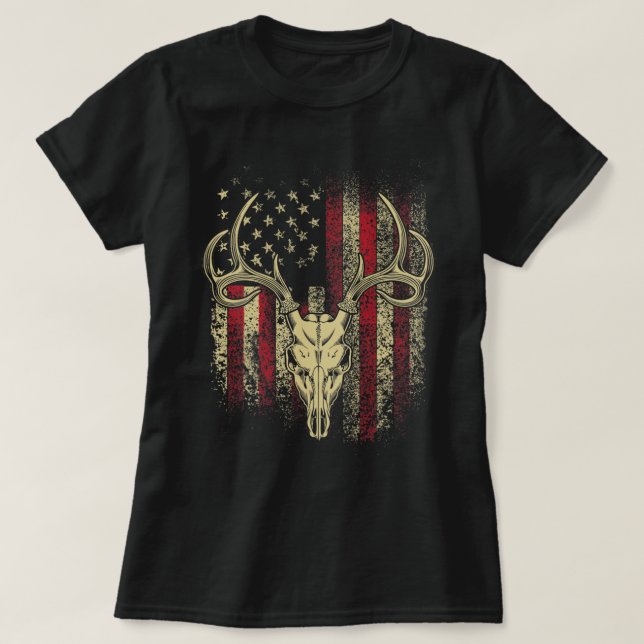 Hjort Hunters Hjort Skull på amerikansk Flagga T Shirt (Design framsida)