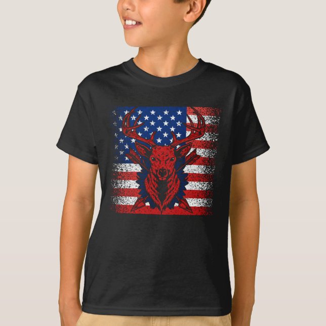 Hjort Hunters Hjort Skull på amerikanska Flagga US T Shirt (Framsida)