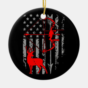 Hjort Hunting American Flagga Bow Hunting Fjärde a Julgransprydnad Keramik