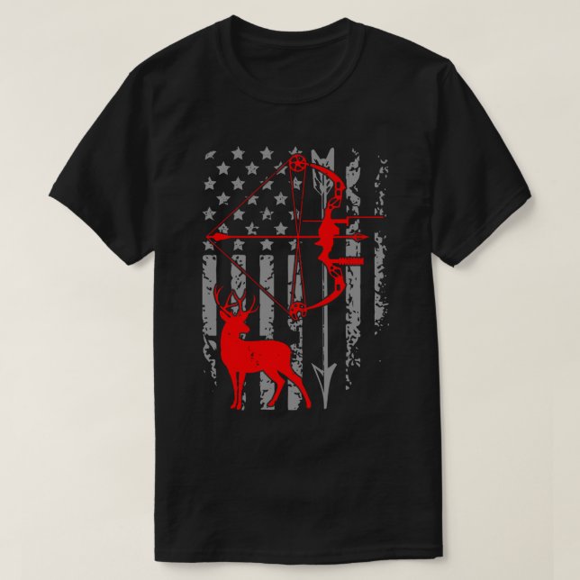Hjort Hunting American Flagga Bow Hunting Patrioti T Shirt (Design framsida)