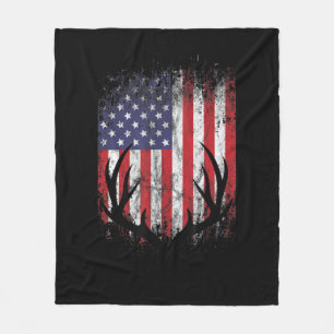 Hjort Hunting American Flagga Whitetail Buck Antle Fleecefilt