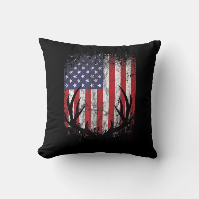 Hjort Hunting American Flagga Whitetail Buck Antle Kudde (Framsida)