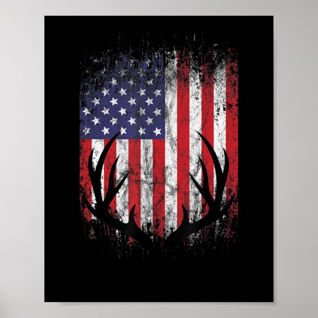 Hjort Hunting American Flagga Whitetail Buck Antle Poster (Framsidan)
