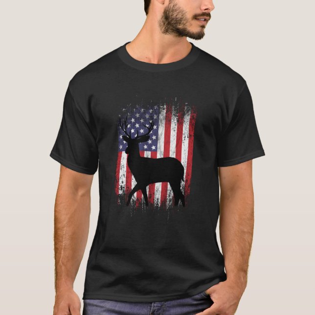 Hjort Hunting American Flagga Whitetail Buck on Ba T Shirt (Framsida)