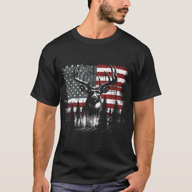 Hjort Hunting American Flagga Whitetail Buck T Shirt (Framsida)