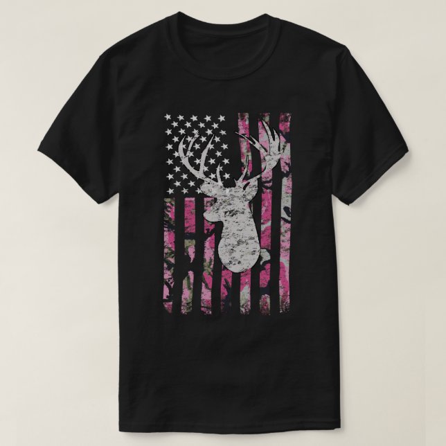 Hjort Hunting Camo Rosa Camouflage American Flagga T Shirt (Design framsida)