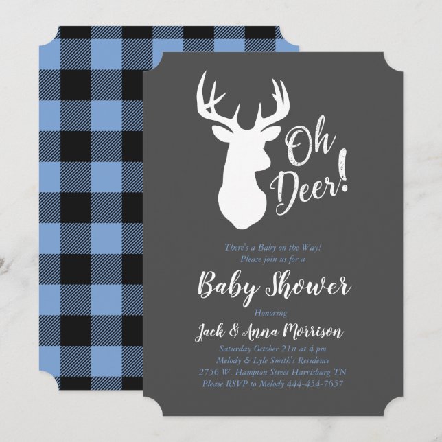 Hjort Hunting Lodge Baby Shower Antlers Boy Blue Inbjudningar (Fram/baksida)