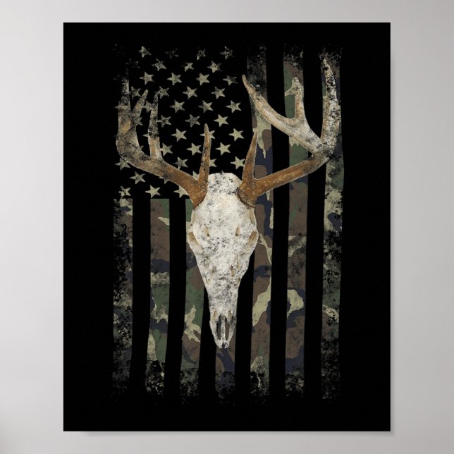 Hjort Hunting Skull American Camo USA flagga White Poster (Framsidan)