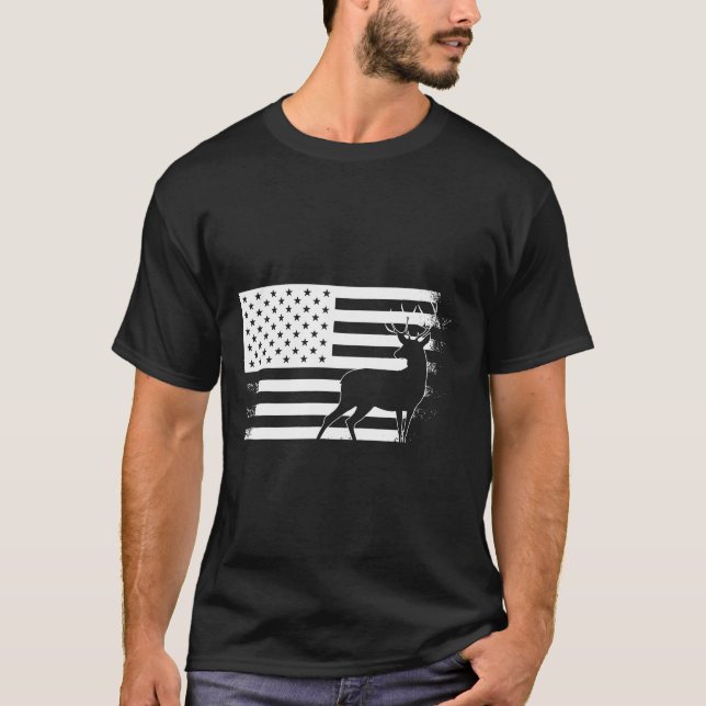 Hjort Hunting USA American Flagga T Shirt (Framsida)