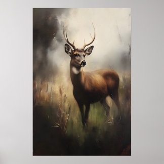 Hjort i äng Vintage Wildlife Art Print, Rustik Poster