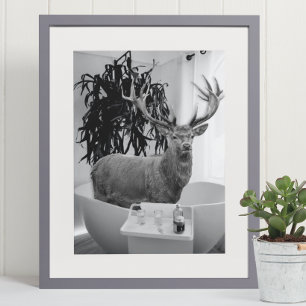Hjort i Bathtub Black White Bathroom art Poster
