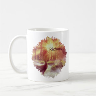 Hjort i dimmig skog vid gyllene soluppgång kaffemugg
