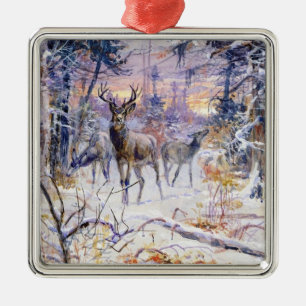 Hjort i en snöskog (vintersäsong) julgransprydnad metall