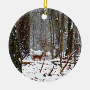 Hjort i fallet snö julgransprydnad keramik