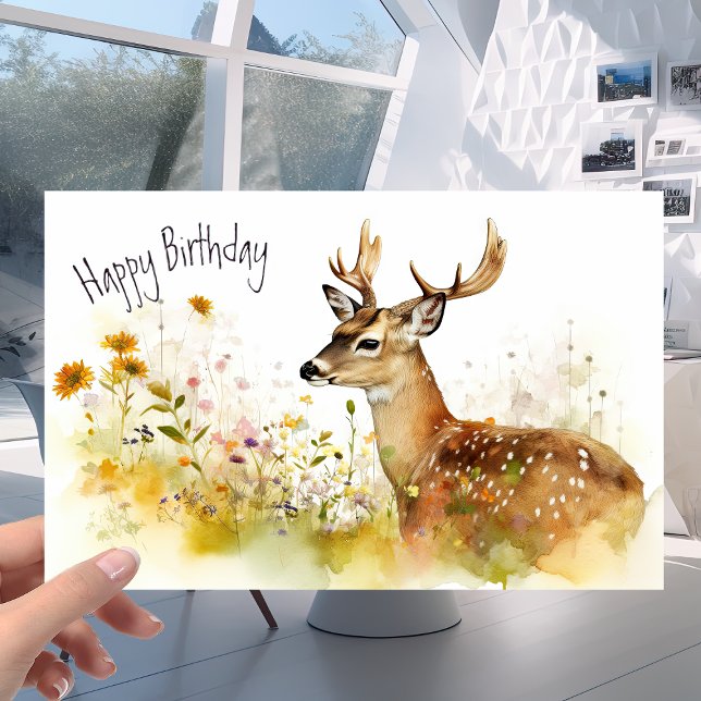 Hjort i Flower Meadow - Watercolor Birthday Kort (Skapare uppladdad)