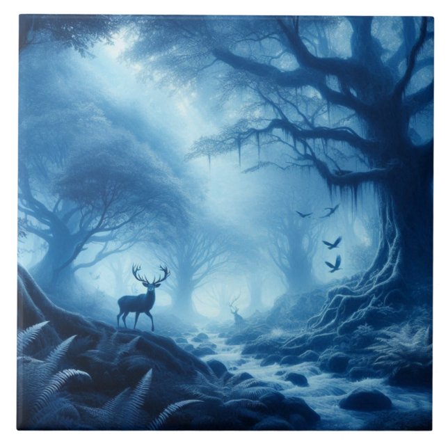 Hjort i Mörk Forest of Blue Dimma Kakelplatta (Framsidan)
