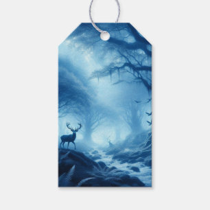 Hjort i mörk skog med blå dis presentetikett