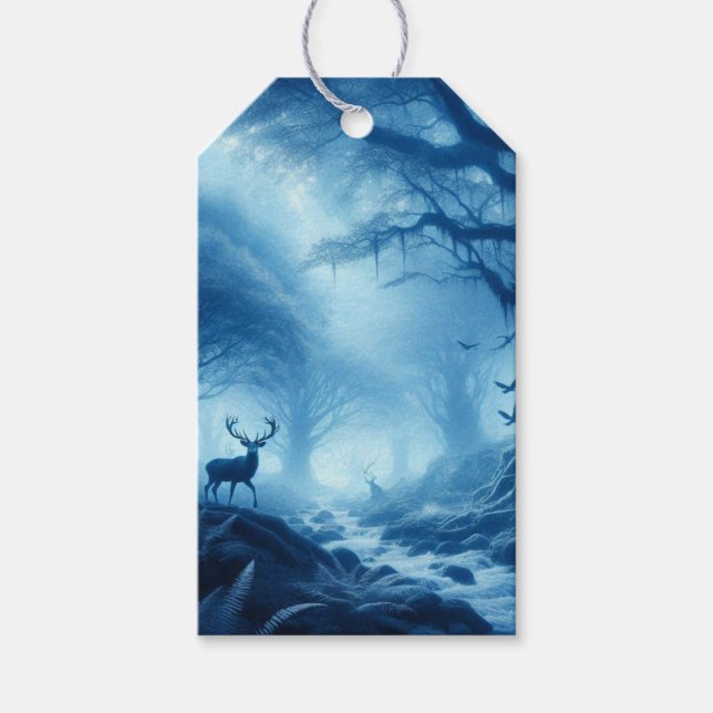 Hjort i mörk skog med blå dis presentetikett (Framsidan)