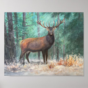 Hjort i Oljemålningen Skogen. Snowy Forest Scene Poster