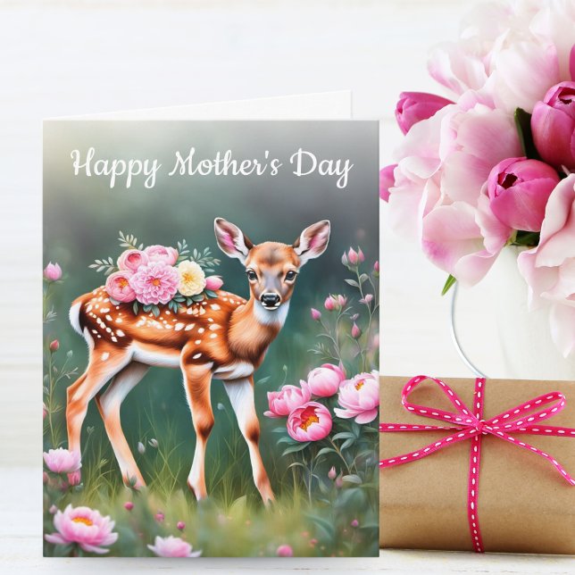 Hjort i Peony-trädgård Glad mors dag Kort (A sweet Mother's day card for children and adults to give to their Mom who loves all things nature.)