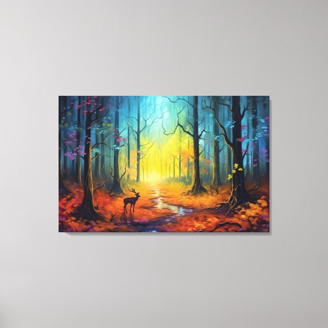 Hjort i regnbågens höstskog canvastryck (Framsida)