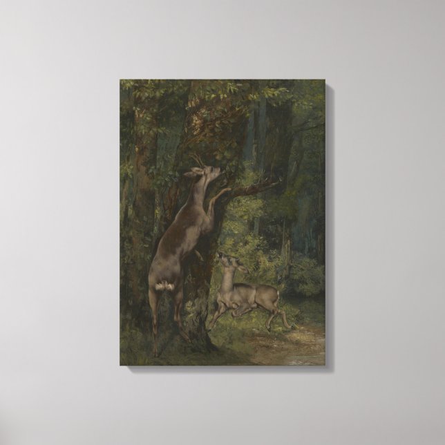 Hjort i skogen (av Gustave Courbet) Canvastryck (Framsida)
