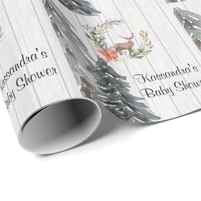 Hjort i vintergrönskababy shower presentpapper (Rullad Hörn)