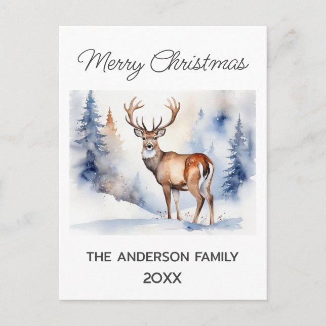 Hjort i vinterskog Julgranar Vattenfärg Vykort (Framsida)