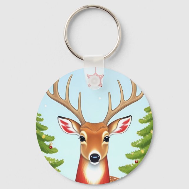 Hjort i Winter Wonderland Scene Nyckelring (Framsida)