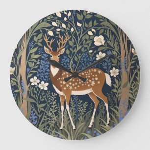 Hjort in Bluebell Forest William Morris Inspired Stor Klocka