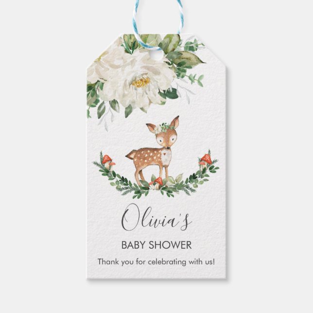 Hjort Ivory White Blommigt Baby Shower Birthday-fö Presentetikett (Framsidan)