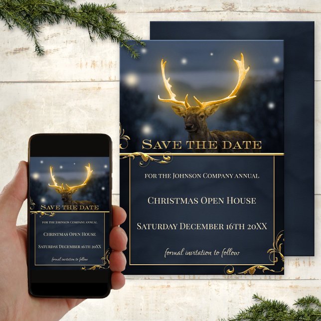Hjort Jul - öppna hus Spara datumkort Spara Datumet (Save the Date Christmas invitation, showing a stylized glow-in-the-dark deer on blue sparkle lights)