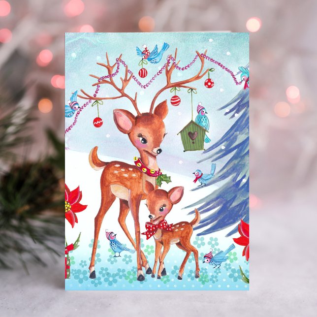 Hjort Julfåglar | Julhälsningar kort (Deer Christmas Birds | Holiday Greeting card)