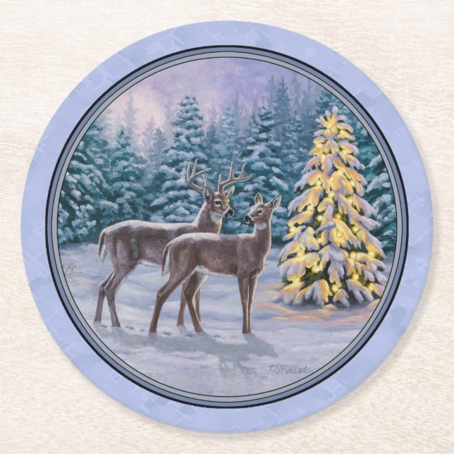 Hjort & Julgran Winter Blue Underlägg Papper Rund (Framsidan)