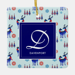Hjort, Julgranar och Snöflingor med Monogram Julgransprydnad Keramik