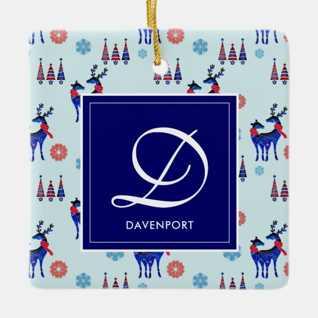Hjort, Julgranar och Snöflingor med Monogram Julgransprydnad Keramik (Framsida)