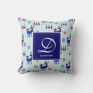 Hjort, Julgranar och Snöflingor med Monogram Kudde