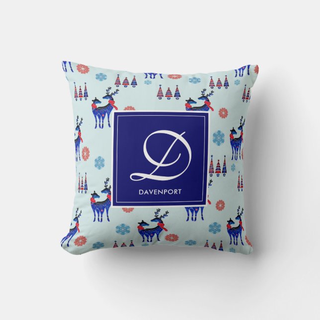 Hjort, Julgranar och Snöflingor med Monogram Kudde (Framsida)