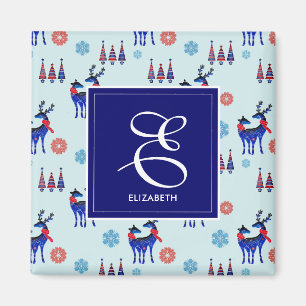 Hjort, Julgranar och Snöflingor med Monogram Magnet