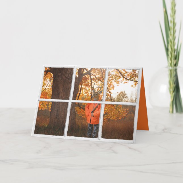 hjort klädd som jägare i fönster och skogen kort (Framsida)